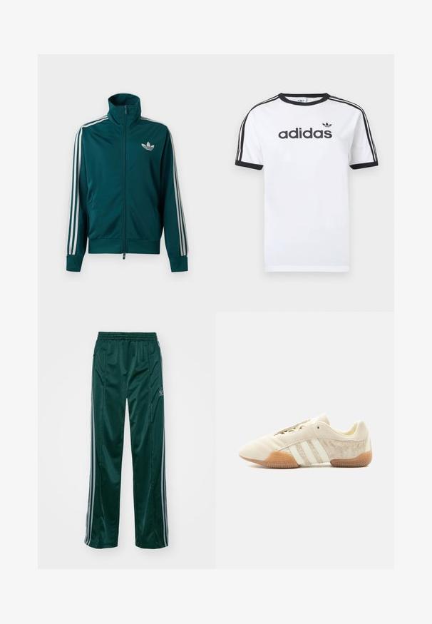 Tealkleurige trainingsjas met rits en hoge kraag, wit Adidas trefoil-logo op de borst en drie witte strepen langs elke mouw.; Wit katoenen T-shirt met zwarte accenten, voorzien van een ronde hals, korte mouwen, drie zwarte strepen op de schouders en het "adidas"-logo in het zwart.; Donkergroene sportbroeken van glanzend materiaal, met zijstrepens in lichtgrijs en een geborduurd logo op het linkerbeen.; Lage beige sneaker met drie witte strepen, gestructureerde suède zijpanelen, rubberen zool en vetersluiting op een effen achtergrond.