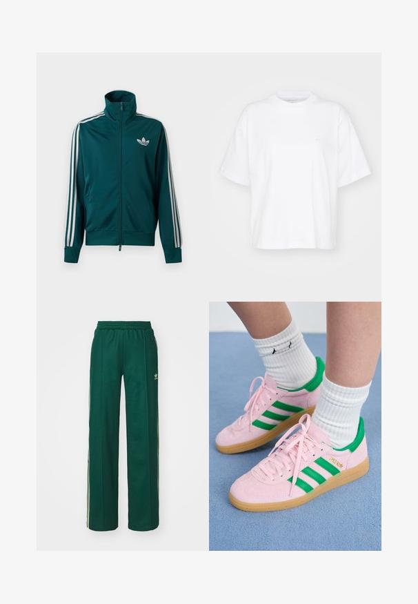 Chaqueta deportiva con cremallera en color azul verdoso, con cuello alto, logo blanco de Adidas trefoil en el pecho y tres franjas blancas en cada manga.; Camiseta de algodón blanca con cuello redondo, mangas cortas y un corte relajado. Presenta un logo sutil en el área del pecho izquierdo. Textura suave.; Pantalones deportivos de color verde oscuro con un corte relajado, que cuentan con una cintura con cordón, bolsillos laterales y franjas color crema a lo largo de los costados.; Zapatillas de ante rosa con rayas y acentos verdes, que cuentan con una suela de goma. Usadas con calcetines blancos de canalé. La vista en primer plano enfatiza los detalles.