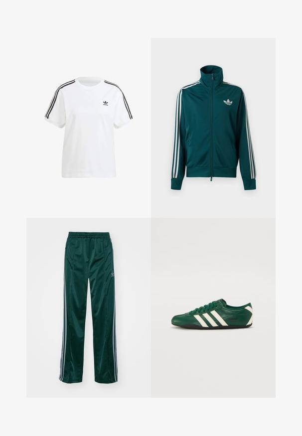 Petrolejová športová bunda na zips s vysokým golierom, bielym logom Adidas trefoil na prsiach a tromi bielymi pruhmi na každom rukáve.; Biela bavlnená tričko so krátkymi rukávmi, okrúhlym výstrihom a čiernymi vertikálnymi pruhmi na ramene, s malým čiernym logom na hrudi.; Tmavozelené športové nohavice vyrobené z lesklého materiálu, s bočnými pruhmi v svetlošedej farbe a vyšitým logom na ľavom stehne.; Zelené kožené tenisky s bielymi pruhmi, okrúhlou špičkou, šnurovaním, čiernou podrážkou a brandingom "adidas TOKYO" po strane.