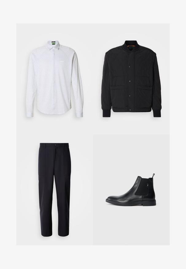 Chaqueta negra acolchada con cuello de canalé, cierre frontal con botones a presión y dos grandes bolsillos. Presenta una textura suave y un diseño acolchado.; Camisa de manga larga abotonada en blanco con un patrón de cuadros en azul. Presenta un cuello clásico y un bolsillo en el frente. Tejido suave con un ajuste estructurado.; Pantalones oscuros de navy, confeccionados en un tejido suave, con un diseño de pierna recta, dos bolsillos laterales y un cierre de botón en la cintura.; Botines Chelsea de cuero negro con paneles elásticos laterales, una pestaña para tirar y una suela de goma plana. Textura suave con un detalle mínimo.
