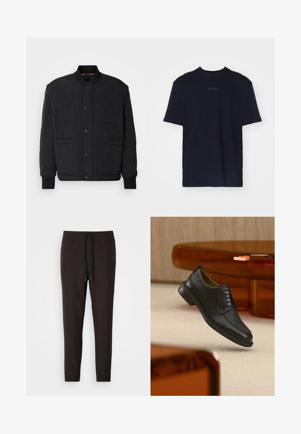 Sort quiltet jakke med ribbet krave, trykknaplukning foran og to store lommer. Har en glat tekstur og polstret design.; Marineblå bomulds t-shirt med korte ærmer og rund neckline, prydet med et gråt "BOSS" logo centreret på brystet.; Sorte joggingbukser lavet af blødt stof, med en elastisk bæltelås og snor, tætsiddende ben og uden synlige mønstre eller udsmykninger.; Sort lædersko med snørebånd og tekstureret front, svævende over beige tæppe i et moderne rum med møbler i ravfarvet toning.