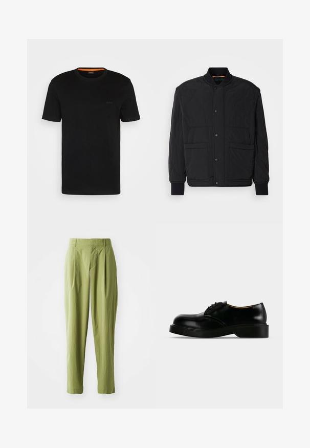 Veste matelassée noire avec un col côtelé, fermeture à boutons-pression à l'avant et deux grandes poches. Caractéristiques d'une texture lisse et d'un design rembourré.; T-shirt noir à manches courtes fabriqué en tissu doux, avec un col rond et un logo discret à l'avant. Le col intérieur comporte un accent orange.; Pantalons vert clair en tissu texturé, présentant une coupe droite, des plis à l'avant et une taille standard.; Chaussure de ville noire en cuir poli à lacets, avec une semelle épaisse, un bout arrondi et un petit talon, montrée de profil sur un fond uni.