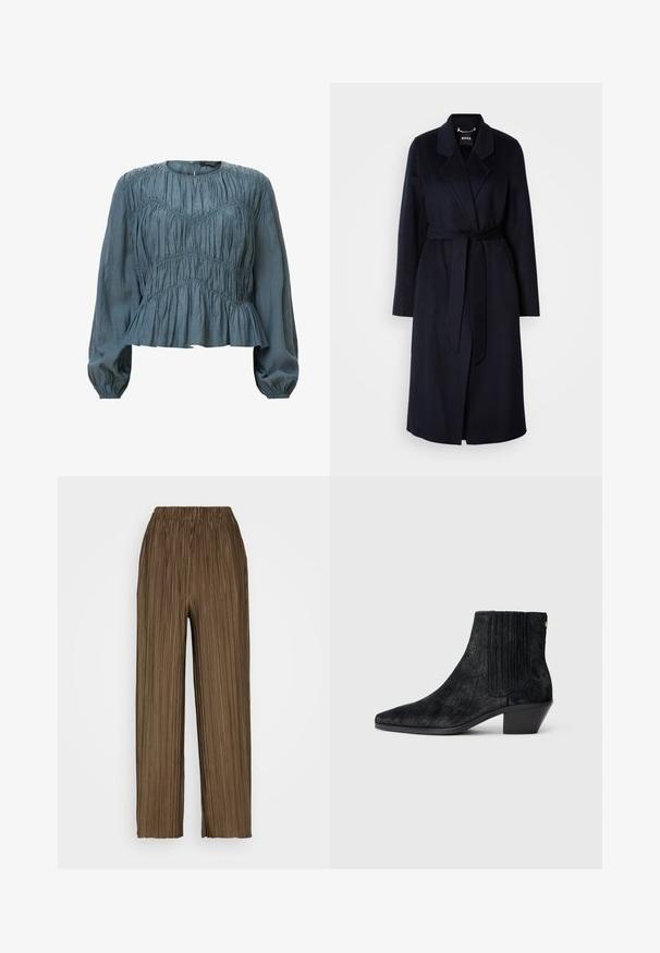 Mørkeblå uldfrakke med bælte i taljen, klippede krave, lange ærmer og en mellemlang kant. Glat tekstur, minimalistisk design, ingen synlige mønstre.; Lys blå langærmet bluse med sammenpresset tekstur, rund halsudskæring og peplum nederdel. Stoffet virker blødt og glat.; Samsøe Samsøe UMA TROUSERS - Bukser - major brown; Sort ankelstøvle med spidse tæer, tekstureret håragtigt materiale, ribbet sidepanel og en lav, firkantet hæl. Simpelt og moderne design.