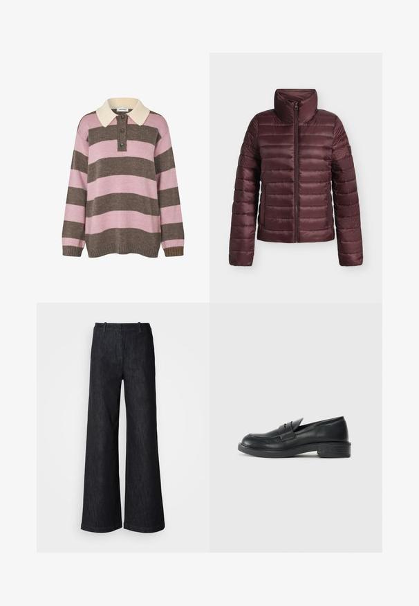 Mørkerød quiltet dunjakke med høj krave og frontlynlås, designet til varme og let komfort.; Strikket pullover i lyserøde og brune striber med en cremet krave, der har tre knapper ved halsen samt ribkant ved ærmerne og kanten.; Sorte viddebenede denimbukser med en tekstureret finish, udstyret med bæltestropper og en ren kant. Klassisk design, velegnet til forskellige lejligheder.; Sorte læder loafers med rund tå, stikninger og en lille hæl. Glat tekstur og en fleksibel gummisål.