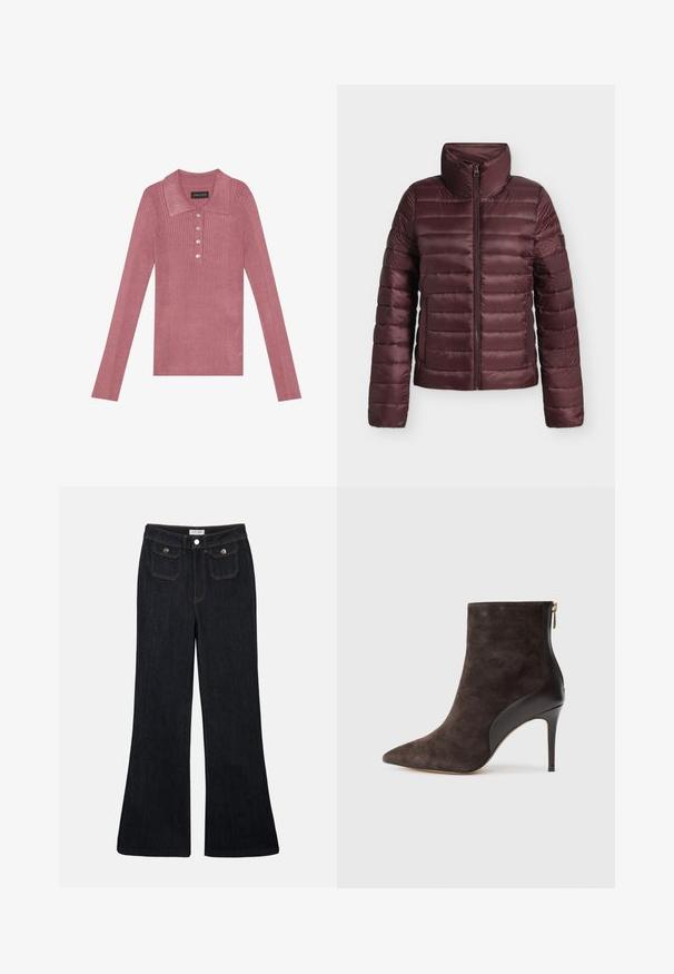 Mørkerød quiltet dunjakke med høj krave og frontlynlås, designet til varme og let komfort.; Ribbede langærmede polo top i støvet rosa med krave, fem knaplukninger og en blød tekstur. Simpelt design uden yderligere mønstre.; Sorte denim jeans med høj talje, flared ben, to frontlommer og orange syninger. Materialet ser solidt og glat ud.; Brune ruskinds ankelstøvle med spids tå, sorte læderdetaljer og en høj stilettohæl, med en lynlåsdetalje på siden.
