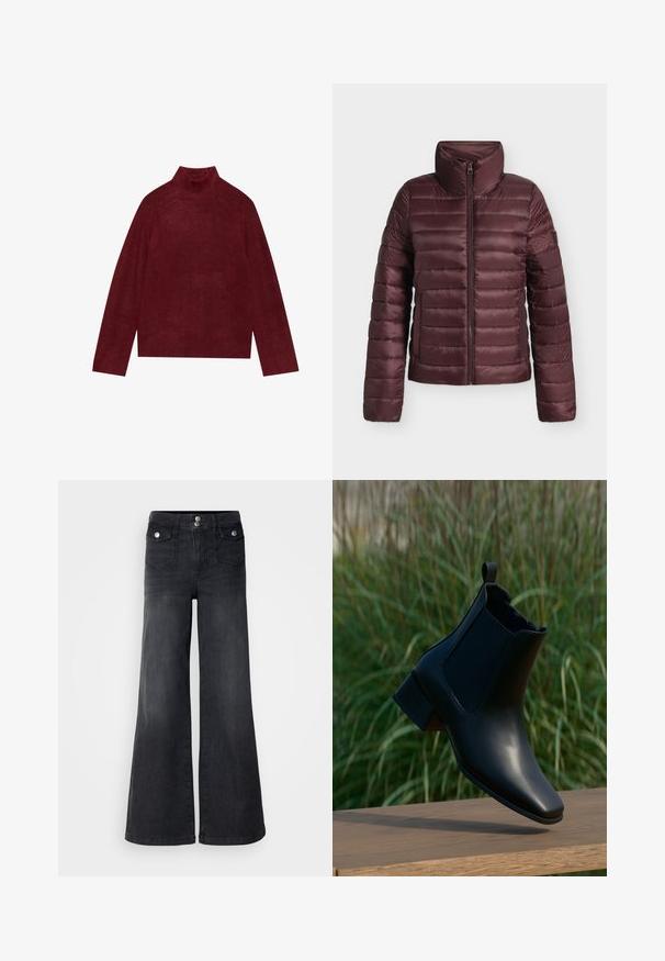 Chaqueta acolchada granate con cuello alto y cremallera frontal, diseñada para ofrecer calor y comodidad ligera.; Suéter burdeos de cuello alto, tejido, con detalles acanalados en el cuello y los puños, que presenta un corte cuadrado y una textura suave.; Pantalones vaqueros de mezclilla negra de pierna ancha con una cintura alta, botones en la parte frontal y dos bolsillos delanteros; textura suave con un ligero acabado desvanecido.; Botín de cuero negro con tacón grueso equilibrado sobre superficie de madera, con fondo de hierba alta verde.