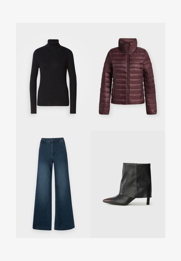 Mørkerød quiltet dunjakke med høj krave og frontlynlås, designet til varme og let komfort.; Sort ribbet rullekravesweater med lange ærmer. Fremstillet af strikmateriale med en tætsiddende design. Glat tekstur og høj halsdetalje.; Mørkeblå høj talje brede ben denim jeans med forlommer og bæltestropper på en hvid baggrund.; Sort ankelstøvle lavet af glat læder med spids tå og tilspidset hæl. Overdelen har et let rynket design.