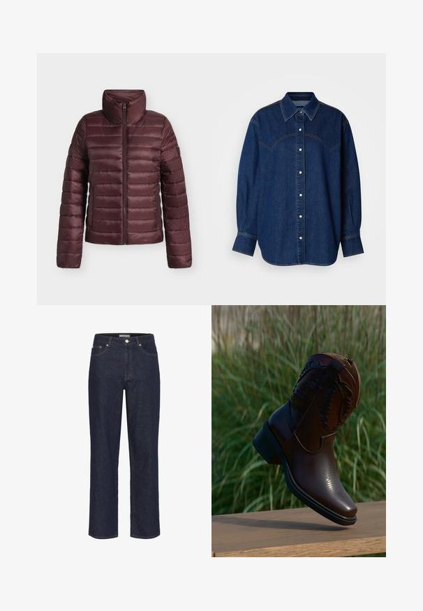 Mørkerød quiltet dunjakke med høj krave og frontlynlås, designet til varme og let komfort.; Mørkeblå denimskjorte med knaplukning foran, klassisk krave, lange ærmer og kontrasterende syninger over skuldrene.; Gestuz SUMMER WIDE - Wide leg - unwashed denim; Mørkebrunt læder cowboystøvle med dekorative sømme, vinklet på en træoverflade med højt græs i baggrunden.