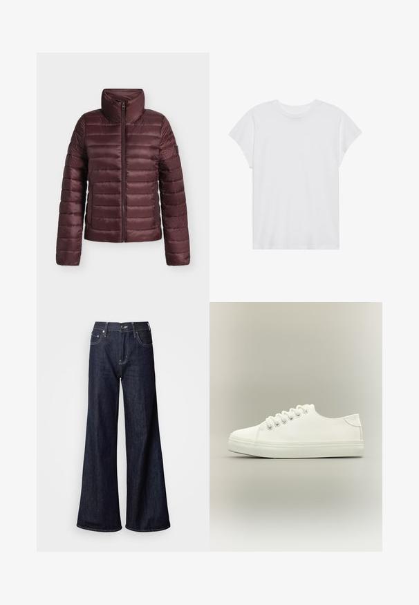 Doudoune matelassée marron avec col haut et fermeture éclair frontale, conçue pour la chaleur et un confort léger.; T-shirt blanc à manches courtes, col rond, coupe décontractée, en tissu de coton doux. Texture lisse, sans motifs ni logos.; Jean à jambes larges en denim foncé, présentant une taille haute, cinq poches, des coutures blanches contrastantes et une texture lisse.; Baskets basses blanches avec lacets blancs et semelle en caoutchouc, vues de côté sur un fond neutre.