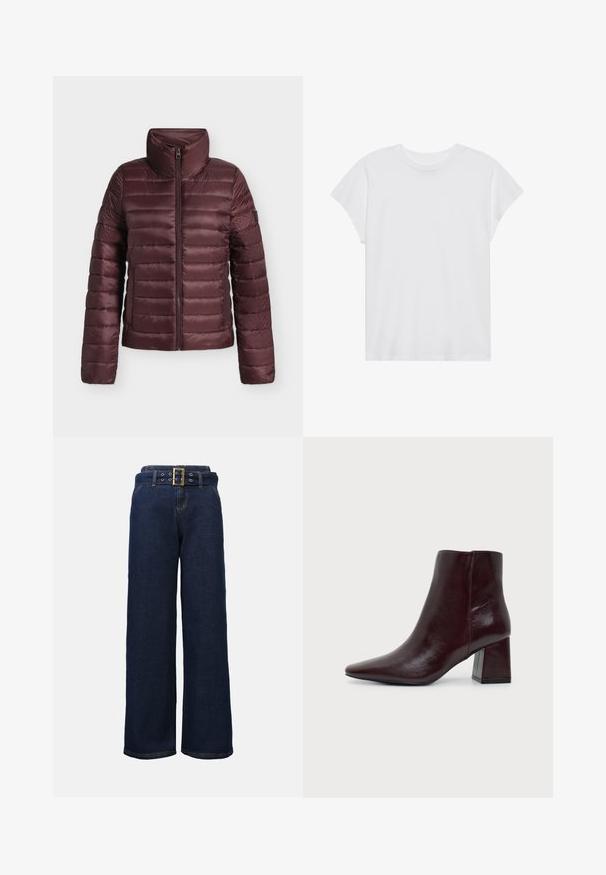 Bordeaux doorgestikte donsjas met hoge kraag en ritssluiting aan de voorkant, ontworpen voor warmte en licht comfort.; Witte t-shirt met korte mouwen, ronde hals, relaxte pasvorm, gemaakt van zacht katoen. Glad textuur, geen patronen of logo's.; Donkerblauwe wijde denim broek met gestikte zakken en een bijpassende riem met een grote rechthoekige gouden gesp.; Donkerbruine leren enkellaarsjes met puntige neus en blokhak op een effen lichtgrijze achtergrond.
