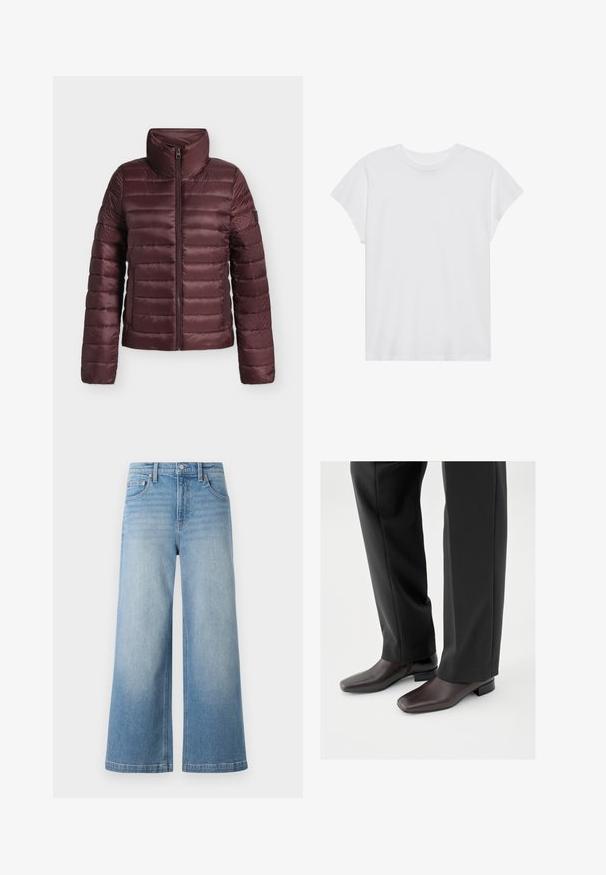 Bordeaux doorgestikte donsjas met hoge kraag en ritssluiting aan de voorkant, ontworpen voor warmte en licht comfort.; Witte t-shirt met korte mouwen, ronde hals, relaxte pasvorm, gemaakt van zacht katoen. Glad textuur, geen patronen of logo's.; Lichtblauwe denim brede pijpen jeans met een hoge taille, vijf-pocket ontwerp, zichtbare stiksels en een knoopsluiting aan de voorkant.; Donkerbruine leren schoenen met een vierkante neus en een korte blokhak, gedragen met zwarte, op maat gemaakte broek, die een strakke, gepolijste uitstraling tonen.