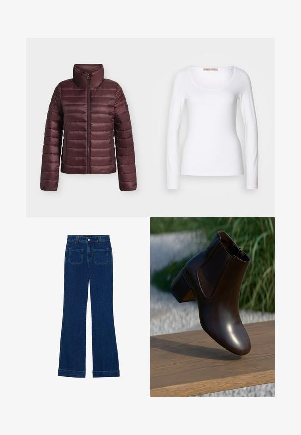 Doudoune matelassée marron avec col haut et fermeture éclair frontale, conçue pour la chaleur et un confort léger.; T-shirt en coton blanc à manches longues, avec un col rond et une coupe ajustée, au toucher doux et sans ornement.; Jean flare en denim bleu foncé avec une texture lisse, design à cinq poches et fermeture à bouton à la taille.; Bottine en cuir marron avec un bout rond et un petit talon block, dotée de panneaux latéraux élastiques et d'une finition lisse et brillante.