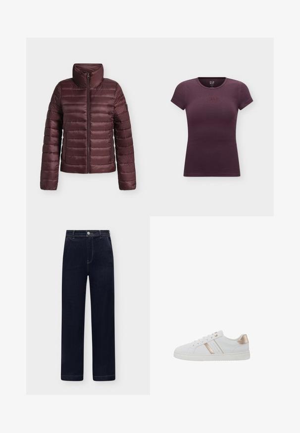 Doudoune matelassée marron avec col haut et fermeture éclair frontale, conçue pour la chaleur et un confort léger.; T-shirt ajusté à manches courtes de couleur violet foncé avec col rond et petit logo GAP brodé centré sur la poitrine.; Jean en denim bleu foncé taille haute, coupe droite, poches avant, fermeture à boutons et passants de ceinture sur fond clair.; Baskets blanches avec un design bas, en matériau lisse ressemblant à du cuir, avec des accents métalliques rose gold et une semelle en caoutchouc texturée.