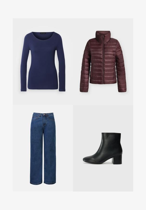 Chaqueta acolchada granate con cuello alto y cremallera frontal, diseñada para ofrecer calor y comodidad ligera.; Camiseta de manga larga en color navy, hecha de material suave, con un escote redondo y un diseño ajustado. Sin patrones ni acentos visibles.; Pantalones vaqueros de mezclilla azul oscura de pierna ancha con cintura elevada, con cierre de botón, trabillas para el cinturón y bolsillos delanteros y traseros. Textura suave.; Botas de cuero negras hasta el tobillo con una punta afilada y un tacón grueso. Textura lisa con acentos mínimos y un diseño elegante y ajustado.