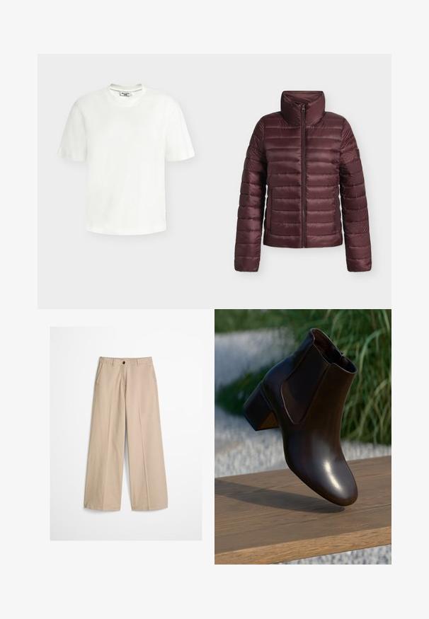 Doudoune matelassée marron avec col haut et fermeture éclair frontale, conçue pour la chaleur et un confort léger.; T-shirt blanc en coton à manches courtes, col rond, avec une petite étiquette de marque au niveau de l'encolure et de la couture latérale.; Pantalon beige à jambes larges avec pli frontal, passants pour ceinture, fermeture par bouton et une petite étiquette en tissu sur le côté droit de la ceinture.; Bottine en cuir marron avec un bout rond et un petit talon block, dotée de panneaux latéraux élastiques et d'une finition lisse et brillante.