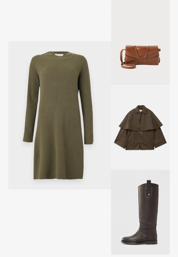 Chaqueta marrón, de corte cuadrado, con un cuello y un solapa tipo capa. Cuenta con dos bolsillos frontales y cierres a presión para abrochar. Material de algodón estructurado.; CLOSED CREW NECK DRESS LONG SLEEVE - Vestido de punto - forest green; Botas altas de cuero marrón oscuro con un acabado liso, punta redondeada y un acento marrón en contraste. Cuentan con una correa lateral con un broche metálico.; Bolso de mano de cuero marrón con un diseño elegante, que presenta una solapa estructurada, un cierre prominente y una correa ajustable para mayor versatilidad.