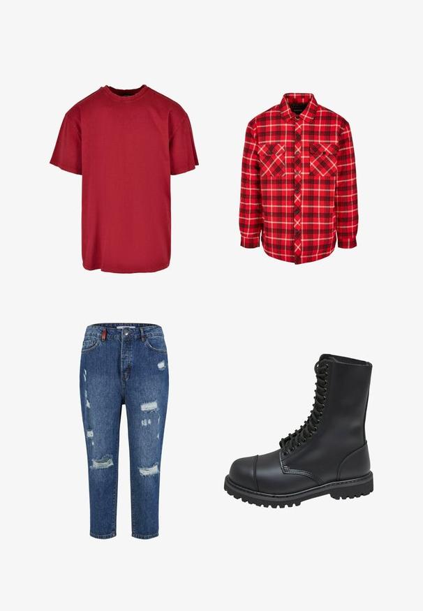Rood en zwart geruit flanellen overhemd met twee borstzakken, knoopsluiting aan de voorkant, lange mouwen en een gestructureerde kraag. Gemaakt van katoenmix.; Rode katoenen T-shirt met een ontspannen pasvorm, korte mouwen, ronde halslijn en versleten accenten bij de schouders. Geen zichtbare logo's.; Blauwe denim jeans met versleten plekken, waaronder grote scheuren en rafelige randen. Heeft een klassiek vijf-pocket ontwerp en een knoopsluiting.; Zwarte leren gevechtslaars met een hoge schacht, vetersluiting aan de voorkant, gewatteerde kraag en een stevige, gestructureerde zool voor grip. Bevat een versterkte neus.