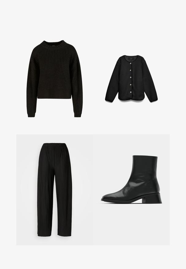 Veste polaire noire à manches longues avec col rond et cinq boutons visibles sur le devant.; Pull en tricot noir à texture côtelée, col rond et manches longues. Design court avec une coupe ample. Pas de motifs ni de matériel visible.; Pantalons larges plissés noirs avec une taille élastique. Le tissu présente des plis verticaux et une texture lisse.; Bottine noire en cuir brillant, au design épuré, avec un bout pointu et un petit talon bloc pour plus de stabilité.
