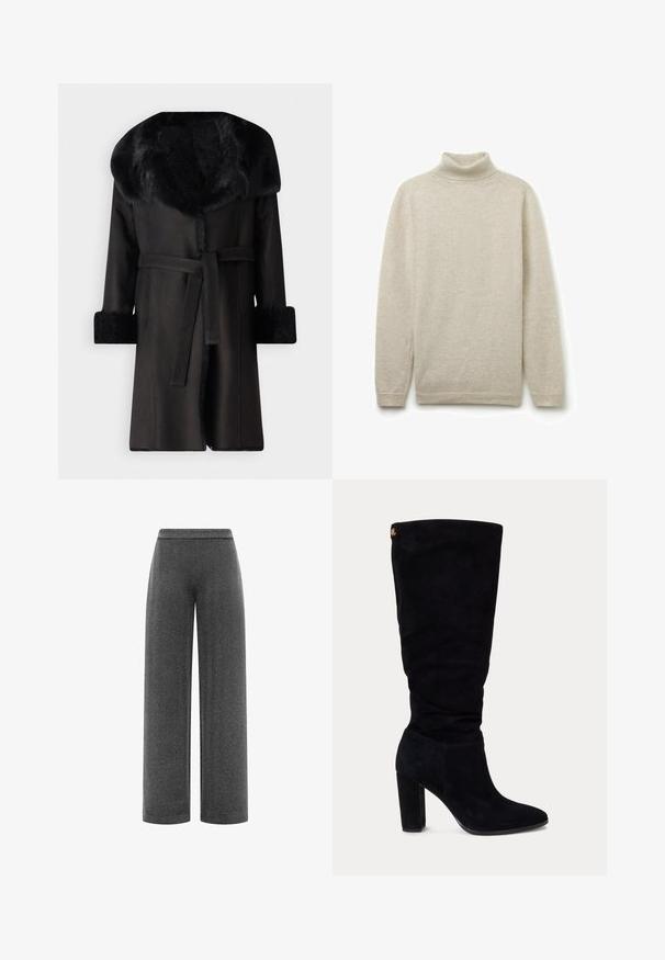 Schwarzer Mantel mit breitem Kunstfellkragen, strukturierten Manschetten und einem Gürtel in der Taille. Glattes Material mit gerader Silhouette und offenem Vorderteil.; Hellbeige Rollkragenpullover aus weichem, strukturiertem Stoff. Verfügt über lange Ärmel und ein eng anliegendes Kragendesign.; Graue High-Waist-Hose mit weitem Bein und dezentem Fischgrätmuster, flachem Bund und ohne sichtbare Verschlüsse oder Taschen.; Schwarzer Wildleder-Knielanger Damenstiefel mit Blockabsatz und spitzer Zehenpartie, mit einem kleinen goldenen Logoanhänger nahe dem oberen hinteren Bereich.