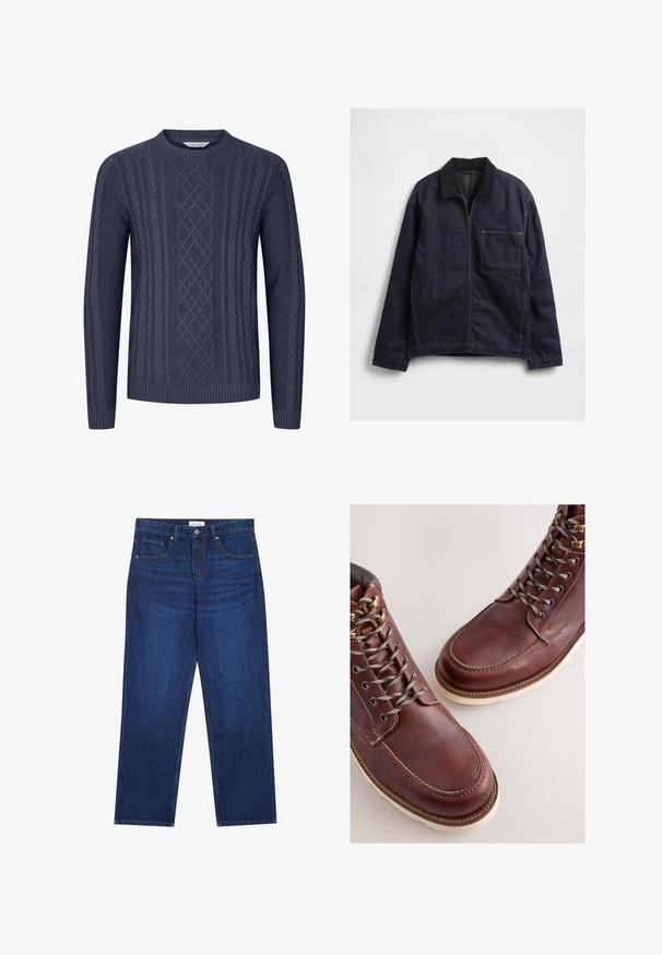 Mørkeblå denimjakke med lynlås foran, kordfløjls-krave, lange ærmer og en stor firkantet brystlomme på hvid baggrund.; Mørkeblå strikket sweater med teksturerede kabelmønstre, rund halsudskæring og ribbekanter ved ærmerne og nederste kant. Fremstillet af blødt og holdbart stof.; Mørkeblå denimjeans med lige ben-design, der har en knap- og lynlåslukning, fem lommer og synlige syninger.; Brune læderstøvler med en glat finish, med metal-øjer, grå snørebånd og en cremefarvet gummisål. Syning langs kanterne som detalje.