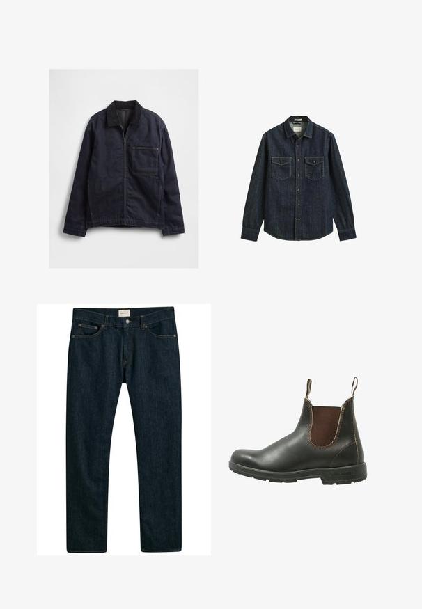 Dunkelblaue Jeansjacke mit Reißverschluss vorne, Cordkragen, langen Ärmeln und einer großen quadratischen Brusttasche vor weißem Hintergrund.; Dunkelblaues Denimhemd mit langen Ärmeln, Knopfverschluss und zwei vorderen Brusttaschen mit Knöpfen.; Dunkelblaue Denims mit geradem Bein, fünf Taschen-Stil und Kontrastnähten an den Nähten. Glatte Stofftextur.; Chelsea-Boots aus glattem schwarzem Leder mit braunen elastischen Seitenteilen, kontrastierenden Nähten und einer strukturierten Gummisohle.