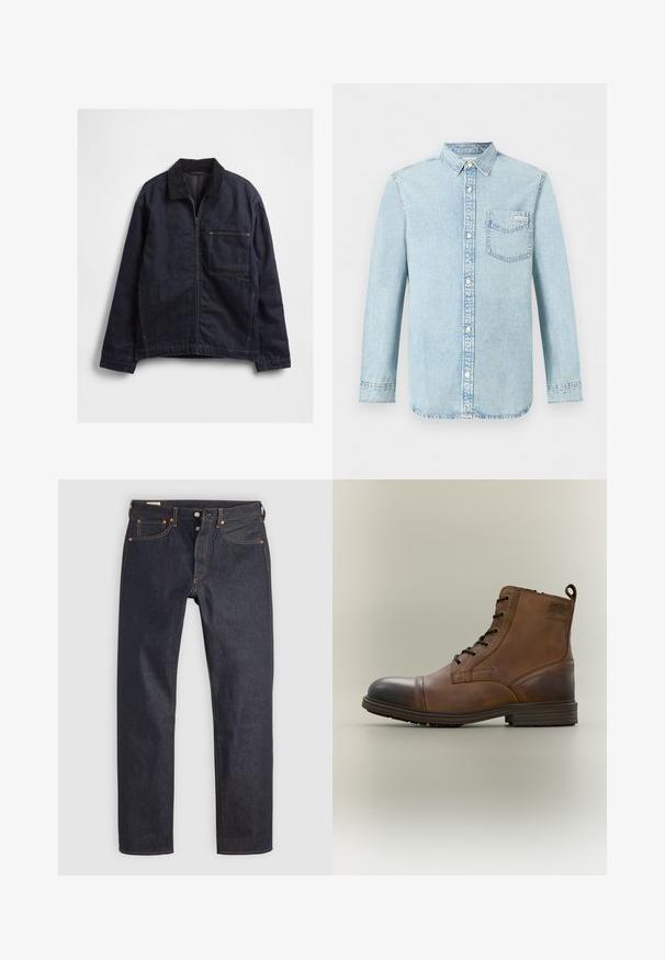 Donkerblauwe spijkerjas met ritssluiting aan de voorkant, corduroy kraag, lange mouwen en een groot vierkant borstzakje tegen een witte achtergrond.; Lichtblauw denim overhemd met lange mouwen, knoopsluiting aan de voorkant, een borstzak met Calvin Klein-logo en puntige kraag.; Donkerblauwe spijkerbroek met een rechte pijp, voorzien van oranje stiksel en klassieke vijfzakkenstijl. Knop- en ritssluiting.; Bruine leren enkellaars met veters, zwarte neuskap, ronde zool en merkdetail aan de zijkant tegen een effen achtergrond.