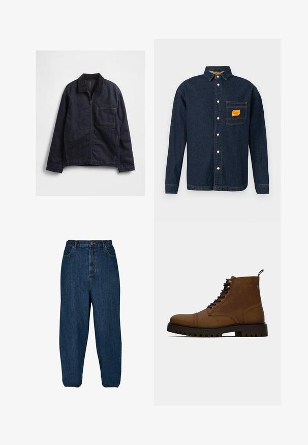 Chaqueta de mezclilla azul oscuro con cierre de cremallera frontal, cuello de pana, mangas largas y un gran bolsillo cuadrado en el pecho sobre un fondo blanco.; Camisa de mezclilla azul oscuro con cuello abotonado, etiqueta naranja en el bolsillo del pecho y botones blancos. Textura suave con detalles de costura en contraste.; Jeans de denim azul oscuro con un corte holgado, cintura alta y puños elásticos. Cuenta con un cierre frontal de botón y cinco bolsillos.; Botín de cuero marrón con cordones, pernas cortas y suela negra gruesa con relieve, con una pestaña de agarre, sobre un fondo blanco.