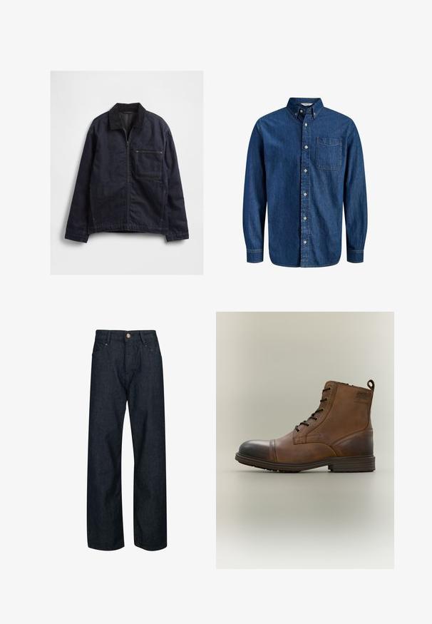 Mørkeblå denimjakke med lynlås foran, kordfløjls-krave, lange ærmer og en stor firkantet brystlomme på hvid baggrund.; Mørkeblå denimskjorte med lange ærmer, knapper foran, spids krave, enkelt brystlomme og klassiske syningsdetaljer.; Mørkeblå denim jeans med lige pasform, der har knaplukning, fem lommer og kontrastsyninger på sømmene.; Brun læderstøvle med snørebånd, sort tåhætte, rund sål og mærket detalje på siden mod ensfarvet baggrund.