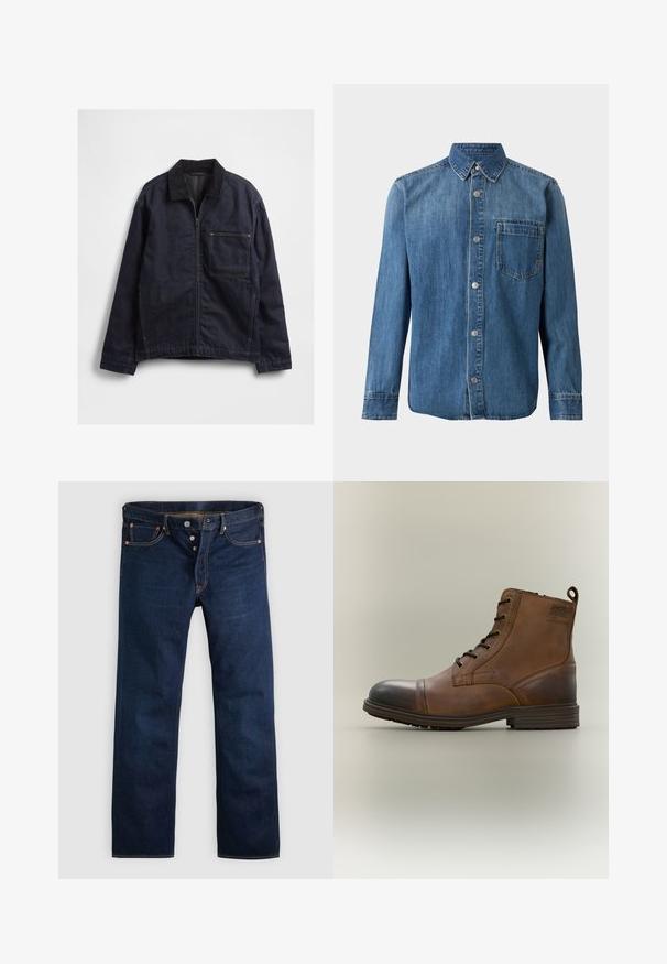 Mørkeblå denimjakke med lynlås foran, kordfløjls-krave, lange ærmer og en stor firkantet brystlomme på hvid baggrund.; Blå denimskjorte med lange ærmer, knapper foran, spids krave og enkelt brystlomme på hvid baggrund.; Mørkeblå denimjeans med lige ben, fem lommer og gyldne syninger. Har knaplukning og kobbernitter. Glat tekstur.; Brun læderstøvle med snørebånd, sort tåhætte, rund sål og mærket detalje på siden mod ensfarvet baggrund.