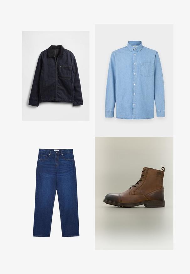 Veste en denim bleu foncé avec fermeture éclair à l'avant, col en velours côtelé, manches longues, et une grande poche carrée sur la poitrine, sur fond blanc.; Chemise en denim bleu clair à manches longues avec une poche avant, une fermeture à boutons et un col classique sur fond blanc.; Jean en denim bleu foncé avec une coupe droite, équipé d'une fermeture boutonnée et à zip, de cinq poches et de détails de couture visibles.; Botte cheville en cuir marron à lacets avec bout noir, semelle ronde et détail de marque sur le côté sur fond uni.