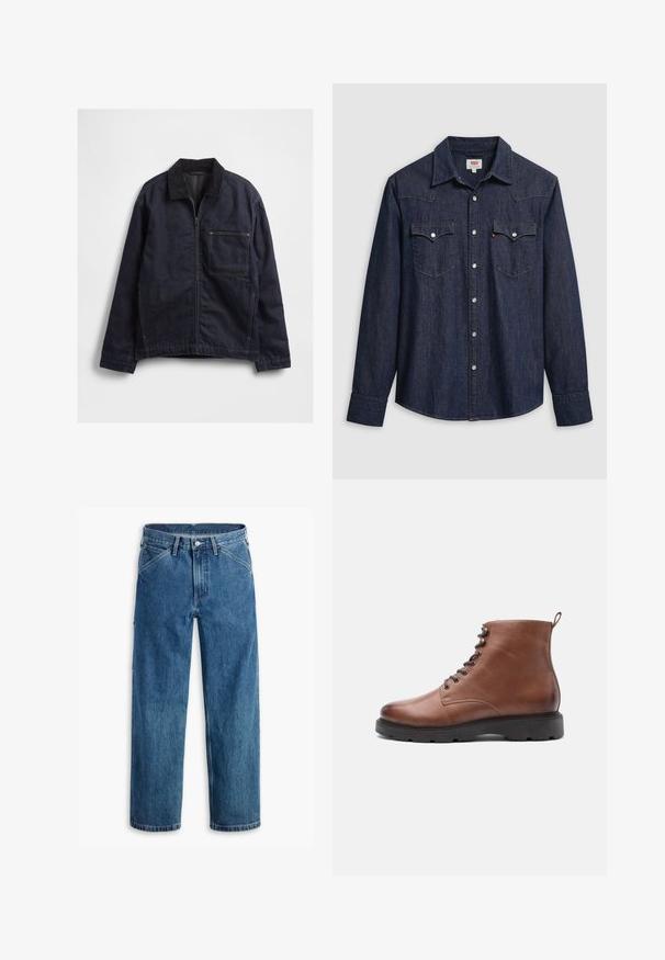 Dunkelblaue Jeansjacke mit Reißverschluss vorne, Cordkragen, langen Ärmeln und einer großen quadratischen Brusttasche vor weißem Hintergrund.; Dunkelblaues Denimhemd mit spitzem Kragen, Druckknöpfen und Brusttaschen. Mit Ziernähten und langen Ärmeln versehen.; Blaue Jeans mit geradem Bein, Vordertaschen, Gürtelschlaufen, Metallknopf und Reißverschluss auf weißem Hintergrund.; Braune Lederstiefeletten mit einer runden Zehenpartie, Schnürung vorne und schwarzer Gummisohle. Mit einer Schlaufe an der Rückseite für einfaches Anziehen.