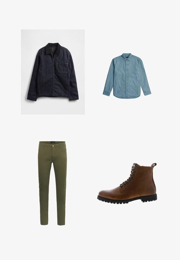 Donkerblauwe spijkerjas met ritssluiting aan de voorkant, corduroy kraag, lange mouwen en een groot vierkant borstzakje tegen een witte achtergrond.; Lichtblauwe denimikker met een button-down kraag, lange mouwen en een gebogen zoom. Heeft een subtiele textuur en een standaard knopenlijst.; Olijfgroene broek van zachte katoenmix, met een sluiting met knoop aan de voorkant, riemlussen en een slim fit ontwerp.; Bruine leren enkelbotten met een gestructureerde afwerking, metalen oogjes en een zwarte rubberen profielzool. Voorzien van een trekband aan de achterkant voor gemakkelijke instap.