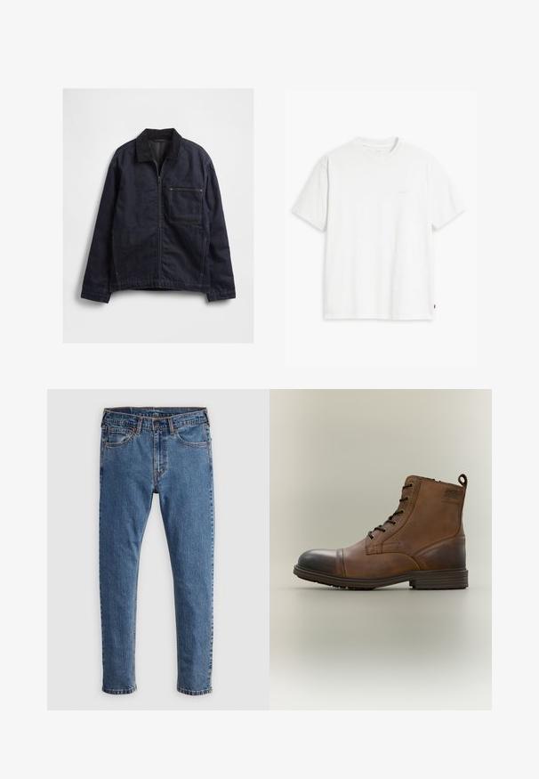 Donkerblauwe spijkerjas met ritssluiting aan de voorkant, corduroy kraag, lange mouwen en een groot vierkant borstzakje tegen een witte achtergrond.; Wit katoenen T-shirt met korte mouwen, ronde hals en een subtiel "Levi's" logo in een lichte kleur op de voorkant gedrukt.; Blauwe denim jeans met een rechte snit, vijf zakken, oranje stiksels en een klassieke knoop- en ritssluiting. Versleten textuur langs de benen.; Bruine leren enkellaars met veters, zwarte neuskap, ronde zool en merkdetail aan de zijkant tegen een effen achtergrond.