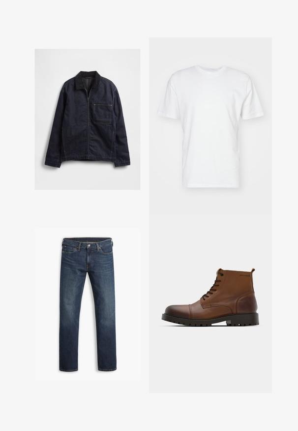 Dunkelblaue Jeansjacke mit Reißverschluss vorne, Cordkragen, langen Ärmeln und einer großen quadratischen Brusttasche vor weißem Hintergrund.; Weißes Baumwoll-T-Shirt mit kurzen Ärmeln, Rundhalsausschnitt und glatter Textur. Einfaches Design ohne Muster oder Grafiken.; Dunkelblaue Herren-Jeans mit geradem Bein, fünf Taschen und Knopfverschluss, flach auf weißem Hintergrund gezeigt.; Braune Leder-Stiefeletten mit runder Zehenform, schwarzen Schnürsenkeln und strukturiertem Gummisohle. Mit Logodetail an der Seite und glatter Oberfläche.