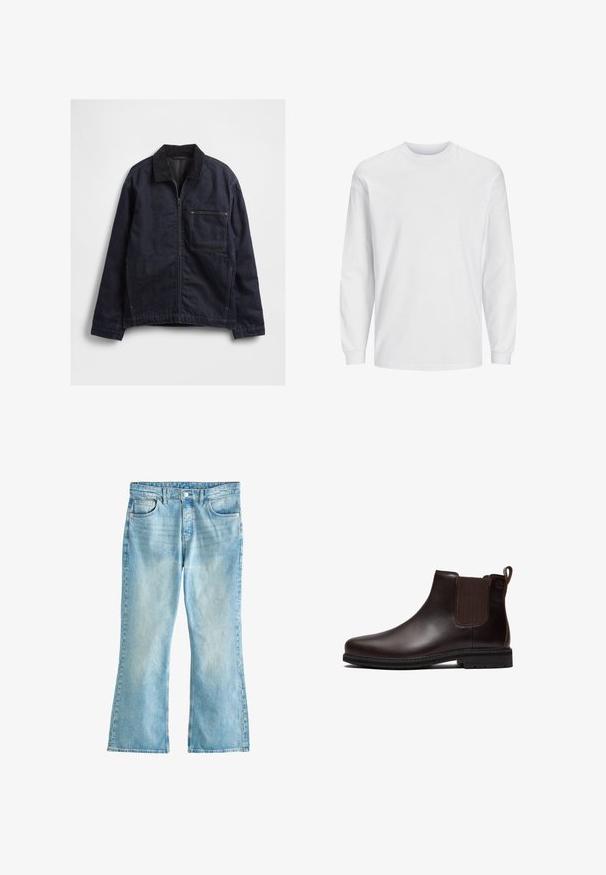 Dunkelblaue Jeansjacke mit Reißverschluss vorne, Cordkragen, langen Ärmeln und einer großen quadratischen Brusttasche vor weißem Hintergrund.; Weißes Langarm-T-Shirt aus Baumwolle. Verfügt über einen Rundhalsausschnitt und ein schlichtes Design ohne Muster oder Verzierungen. Weiche, glatte Textur.; Hellblaue Jeans aus Denim mit hoher Taille, Knopfverschluss, vorderen Taschen und leicht ausgestellten Beinenden.; Dunkelbrauner Chelsea-Lederstiefel mit elastischer Seitenpartie, Zuglasche an der Ferse und schwarzer Gummisohle, seitlich dargestellt.