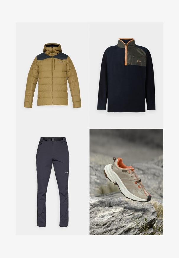 Veste matelassée en vert olive avec un empiècement bleu foncé. Présente une capuche, une fermeture éclair à l'avant et une poche poitrine au design épuré.; Pull-over en polaire bleu marine avec un col zippé quart, des bordures orange contrastantes et une poche poitrine en olive avec fermeture éclair. Texture douce, manches longues.; Pantalons résistants à l'eau en gris foncé, fabriqués en tissu durable. Les caractéristiques incluent une ceinture, des poches latérales et des ouvertures zippées aux chevilles.; Chaussure de randonnée beige et orange avec semelle épaisse, étiquette GORE-TEX et marque "TERREX", montrée au-dessus d'un terrain rocheux.