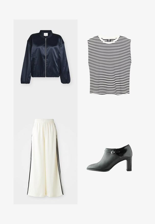 Veste bomber en satin bleu marine avec fermeture éclair, col côtelé, poignets élastiques et poches latérales. Texture lisse, coupe décontractée, sans motifs visibles.; Haut sans manches à rayures horizontales noires et blanches avec encolure ronde, posé à plat sur un fond blanc.; Pantalons larges blancs avec taille élastique et rayures verticales noires le long des coutures extérieures.; Bottines en cuir noir avec un bout pointu et une finition en cuir verni. Dotées d'une petite boucle métallique et d'un talon épais.
