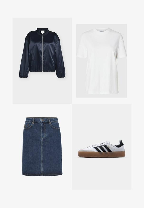 Námornícka saténová bomber bunda so zapínaním na zips, rebrovaným golierom, elastickými manžetami a bočnými vreckami. Hladká textúra, voľný strih, bez viditeľných vzorov.; Biela bavlnená tričko s krátkymi rukávmi a okrúhlym výstrihom. Má voľný strih a minimalistický dizajn bez vzorov alebo akcentov.; Tmavomodrá džínsová sukňa s rovnými nohavicami, s predným zapínaním na gombík, pútka na opasok a dve predné vrecká. Mäkšia textúra a viditeľné švy.; Biele kožené tenisky s čiernymi pruhmi, gumová podrážka, okrúhla špička, šnurovanie a mäkký sivý semišový špička.