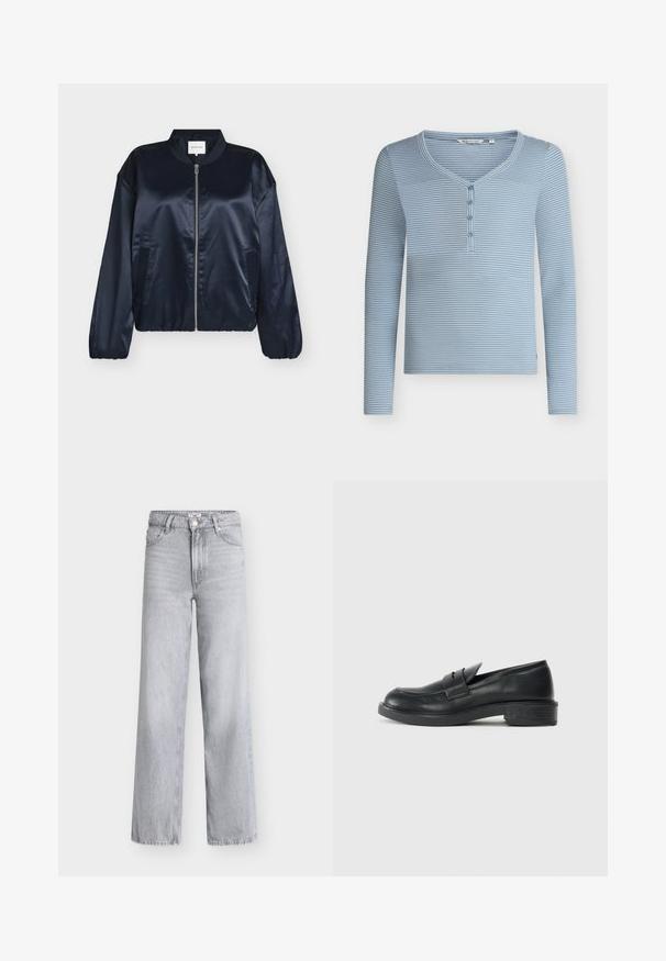 Námornícka saténová bomber bunda so zapínaním na zips, rebrovaným golierom, elastickými manžetami a bočnými vreckami. Hladká textúra, voľný strih, bez viditeľných vzorov.; Modrá a biela horizontálne pruhovaná henley košeľa s dlhými rukávmi, štyrmi gombíkmi a zaobleným V-výstrihom.; Svetlosivé rifľové nohavice s širokými nohavicami, vysokým pásom, piatimi vreckami, zapínaním na gombíky vpredu a detailom neupravených okrajov. Hladká textúra s minimálnym vyblednutím.; Čierne kožené mokasíny s okrúhlym špičkou, prešívanými detailmi a malým opätkom. Hladký povrch a flexibilná gumová podrážka.
