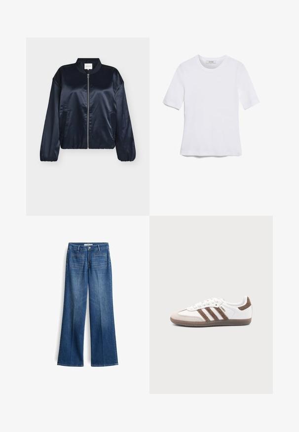 Marineblauwe satijnen bomberjack met ritssluiting, geribde kraag, elastische manchetten en zijzakken. Gladde textuur, losse pasvorm, geen zichtbare patronen.; Witte korte mouwen t-shirt van ribstof. Ronde halslijn, normale pasvorm en subtiele stiksels. Geen patronen of grafische elementen.; Wijde blauwe denim jeans met een middelhoog taille, twee achterzakken en subtiele stikdetails, gemaakt van een stevige katoenmix.; Witte Adidas Samba sneaker met bruine suède strepen, bruine rubberen zool en beige suède neuskap, getoond vanaf de buitenkant op een effen achtergrond.