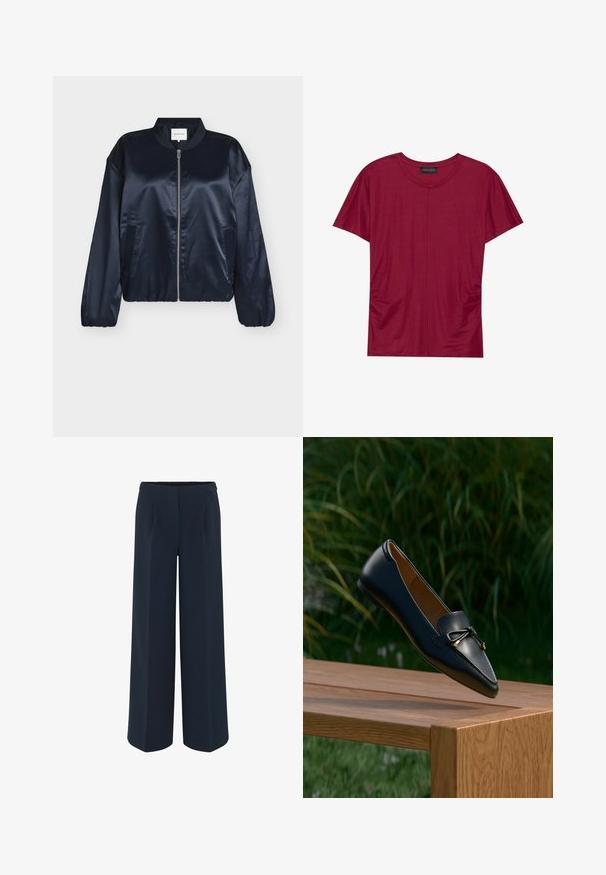 Marineblaue Satin-Bomberjacke mit Reißverschluss, geripptem Kragen, elastischen Bündchen und Seitentaschen. Glatte Textur, entspannte Passform, keine sichtbaren Muster.; Burgunderfarbenes T-Shirt mit kurzen Ärmeln und Rundhalsausschnitt, mit gerafften Seitennähten und einer glatten Textur. Hergestellt aus leichtem, weichem Stoff.; Weite Hose in Dunkelblau, aus glattem Stoff, mit maßgeschneiderten Falten und hohem Taillendesign. Keine sichtbaren Taschen oder Verzierungen.; Schwarzer Lederloafer mit Schleifendetail, der über einer Holzbank schwebt, mit grünem Gras und Pflanzen im Hintergrund.