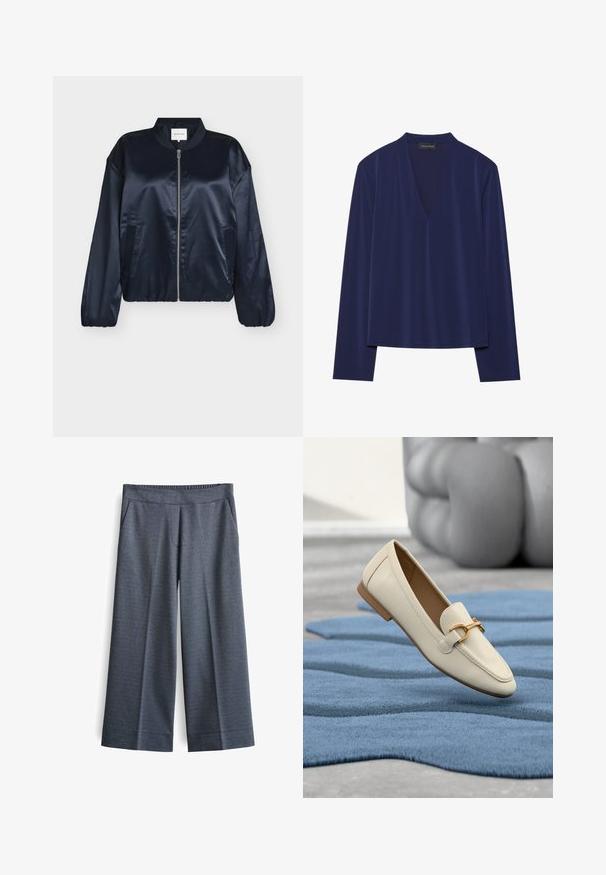 Marineblauwe satijnen bomberjack met ritssluiting, geribde kraag, elastische manchetten en zijzakken. Gladde textuur, losse pasvorm, geen zichtbare patronen.; Marineblauw long-sleeve shirt met een diepe V-hals en zachte, gladde stof. Het ontwerp heeft een relaxte pasvorm met minimale naden en geen patronen.; Wijde broek in donkergrijze stof. Voorzien van een elastische tailleband, twee voorkantzakken en een gladde textuur met een subtiel patroon.; Beige leren loafer met gouden gespdetail op een gestructureerd blauw tapijt, geplaatst in een minimalistische binnenruimte met een grijs kussen op de achtergrond.