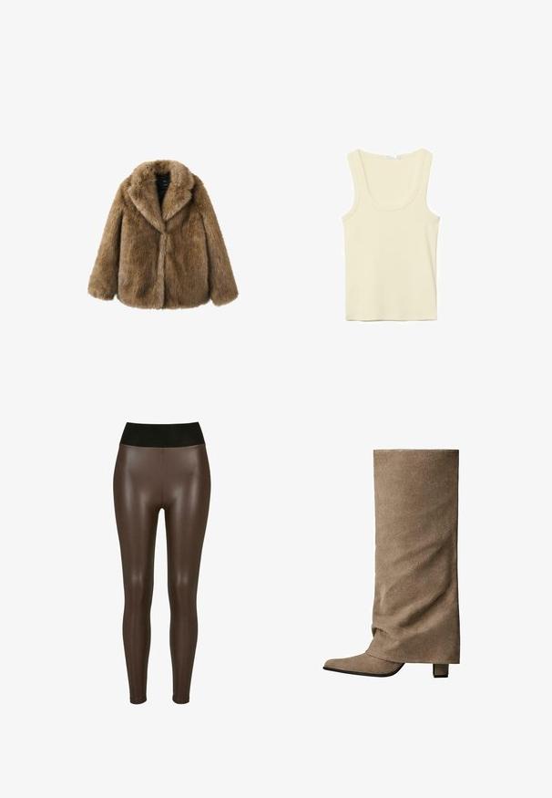 Brauner Kunstpelzmantel mit weitem Kragen, langen Ärmeln und geradem Schnitt sowie einer weichen, strukturierten Optik. Keine sichtbaren Beschläge oder Verschlüsse.; Sahnefarbener ärmelloser Tanktop mit Rundhalsausschnitt und einfacher Naht, auf weißem Hintergrund dargestellt.; Braune leggings aus Kunstleder mit einem hohen schwarzen Bund, die eine glatte, glänzende Oberfläche und ein eng anliegendes Design bis zum Knöchel aufweisen.; Hoher, beiger Wildlederstiefel mit spitz zulaufender Spitze, klarer Form und Blockabsatz. Er zeichnet sich durch eine glatte Textur und ein minimalistisches Design aus.