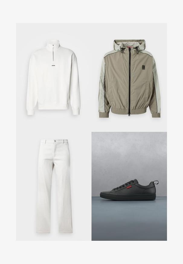 Beige en lichtgrijze zip-up capuchontrui met elastische manchetten en zoom, zwart logo op de borst en voorzakken.; Witte pullover sweatshirt met een hoge kraag en een halve rits, uitgerust met een klein zwart "HUGO" logo gecentreerd op de borst. Zachte stoftextuur.; Lichtgrijze broeken met een rechte pijp, gemaakt van een soepele stof, met een voorste knoopsluiting en zijzakken.; Zwarte low-top sneakers van glad materiaal, met een ronde neus, vetersluiting aan de voorkant, een gestructureerde zool en een klein rood logo.