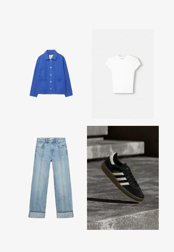 Blaue Jeansjacke mit vorderen Knöpfen, zwei großen Taschen, Kragen und langen Ärmeln auf weißem Hintergrund.; Weißes kurzärmliges T-Shirt aus weicher Baumwolle, mit Rundhalsausschnitt und figurbetonter Form. Keine sichtbaren Muster oder Verzierungen.; Hellblaue Denim-Jeans im weiten Schnitt mit hoher Taille, ausgestattet mit fünf Taschen, sichtbaren Nähten und umgeschlagenen Säumen an den Bündchen.; Schwarzer Adidas-Sneaker mit weißen Streifen und Gummisohle schwebt über grauen Betonstufen im natürlichen Licht.