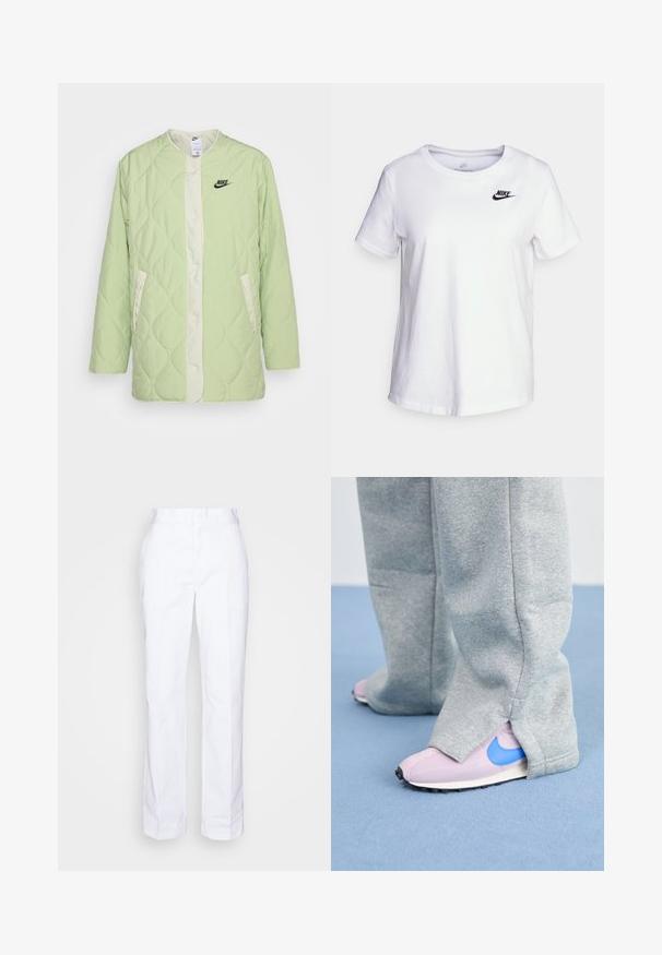 Nike Sportswear JACKET - Korte frakker - honeydew/sea glass/black; Hvid bomulds t-shirt med rund halsudskæring og korte ærmer. Har et sort Nike-logo i det øverste venstre brystområde.; Hvide, lige ben bukser lavet af bomuld. Har flad front, bæltesløjfer og ingen synlige lommer. Glat tekstur og minimalistisk design.; Grå sweatpants dækker lyserøde sneakers med en blå Nike swoosh, der har et struktureret stof og en kontrasterende sål.