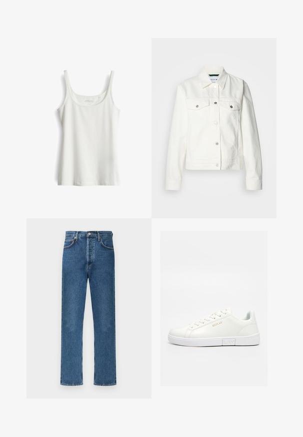 Veste en denim blanc avec un col classique, deux poches poitrine avec boutons argentés et une silhouette structurée. Texture douce.; Débardeur blanc sans manches avec un col rond. Fabriqué en tissu doux et lisse. Présente un ourlet simple et droit, sans motifs ni accents.; Jeans en denim bleu avec une coupe droite, dotés d'un design classique à cinq poches, d'une braguette à boutons apparents et de détails de couture subtils.; Baskets blanches basses à lacets, logo doré "REPLAY" sur le côté, et semelle en caoutchouc avec le texte "LAY" en relief.