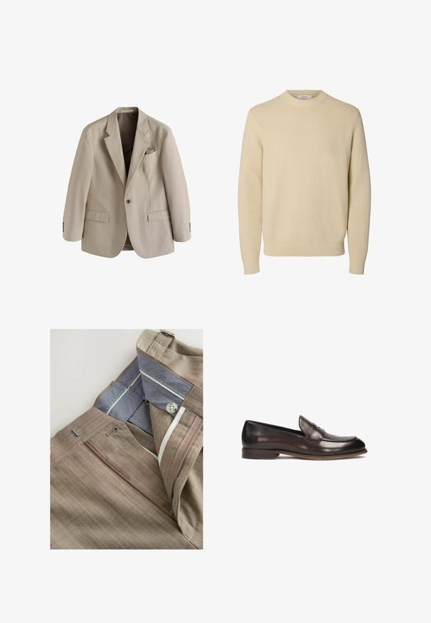 Beige enkeltknappet herreblazer med notched revers, to frontlommer med klap og en brystlomme med et foldet lommetørklæde.; Enkel beige crewneck striktrøje med lange ærmer og ribstrikkede manchetter og kant.; Brune stribede bukser med en lynlås-lomme, blå inderforing og hvide syninger. Har en klassisk pasform og bæltestropper.; Mørkebrune læder loafers med en afrundet tå, hævet syning og en let hæl. Glat tekstur og klassisk design.