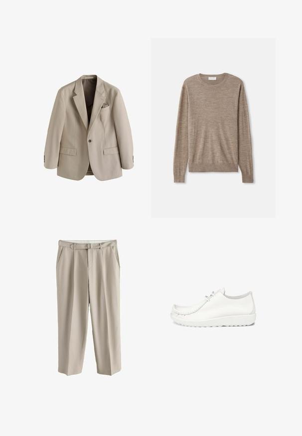 Beiger Herrenblazer mit einem Knopf, Revers mit Kerb, zwei Fronttaschen mit Klappen und einer Brusttasche mit eingestecktem Taschentuch.; Beiger Pullover aus feinem Strickmaterial. Mit Rundhalsausschnitt, langen Ärmeln und gerippten Bündchen sowie Saum. Einfaches und zeitloses Design.; Beige, weit geschnittene Hose mit Gürtelschlaufen, zwei Seitentaschen und einem passenden Stoffgürtel mit Metall-D-Ring-Schließe.; Weiße Lederschuhe mit runder Zehenpartie, genähten Details und einer leichten weißen Sohle. Verfügt über zwei Ösen für die Schnürsenkel.