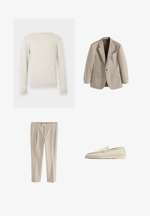 Beige enkeltknappet herreblazer med notched revers, to frontlommer med klap og en brystlomme med et foldet lommetørklæde.; Beige sweater med lange ærmer og rund halsudskæring, med ribbede manchetter og kant, præsenteret mod en simpel hvid baggrund.; Beige skræddersyede bukser med lige ben, frontplisseringer, sidelommer og en lukkemekanisme med krog og stang i taljen.; Scarosso LUDOVICO - Loafers - sand suede